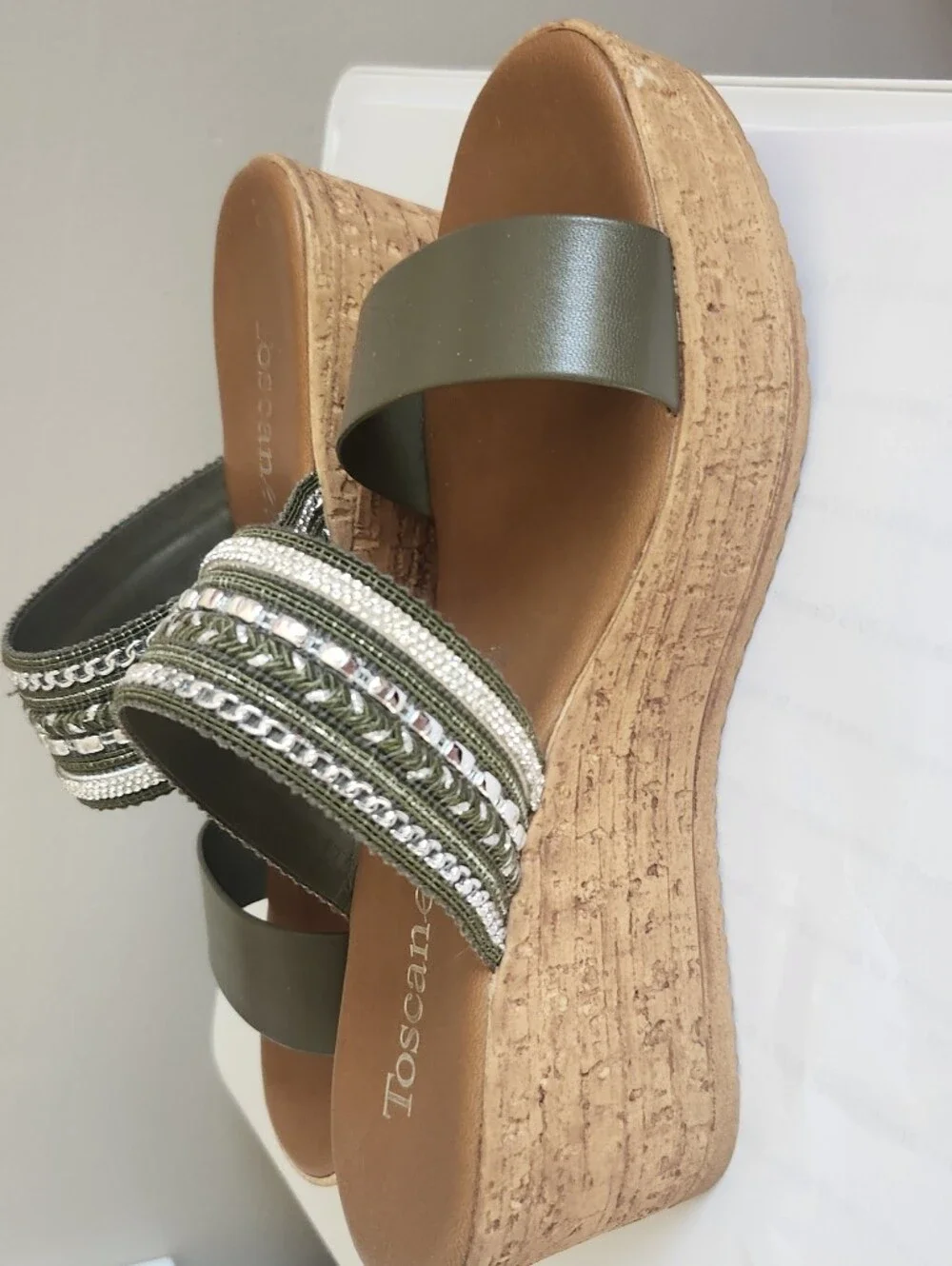 Toscanella Olive Green Embellished Faux Leather 2 Strap Wedge Sandals, 8.5